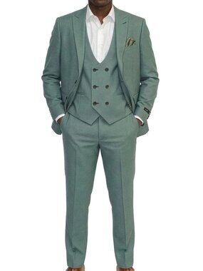 Green Birdseye Double Breasted Vest Peak Lapel 3 Piece Skinny Fit Men's Suit